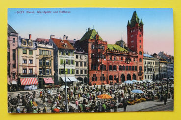 Ansichtskarte Basel / Marktplatz / 1921 / Rathaus – Markttag – Marktstände – Kaffeerösterei – Geschäfte